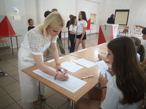 Uczniowie i nauczyciele podczas wyborow do Samorzadu Uczniowskiego